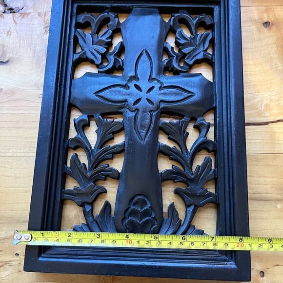 Hand-Carved Wood Panel Cross Dark Brown / Black Scandinavian Style Wall Hanging - Picture 7 of 8